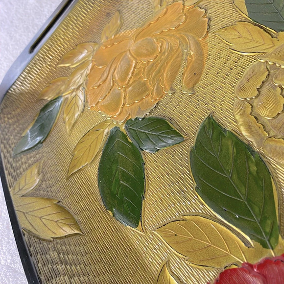 Vintage Nasco Lacquerware Textured Peony Serving Tray - Picture 7 of 13